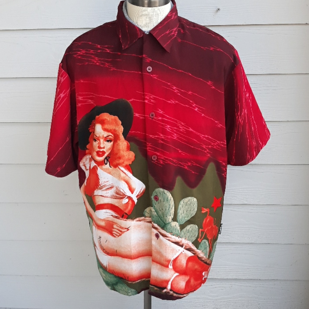 COWGIRL WESTERN Dragonfly Polyester Red Black‎ Button Up Mens XL Shirt VTG 90s